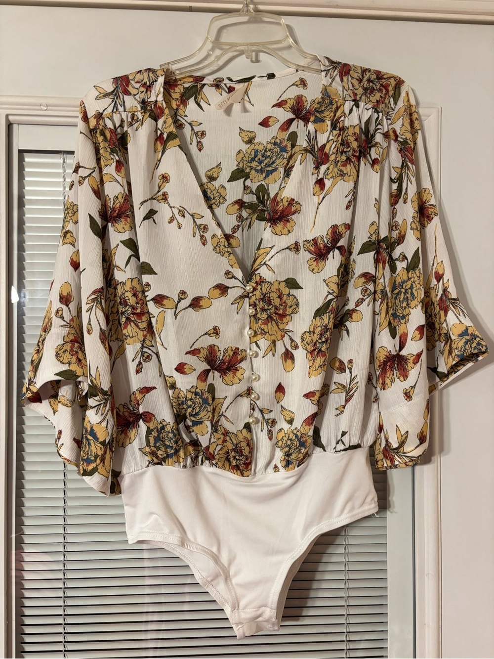 Floral V-Neck White Bodysuit with Pearl details